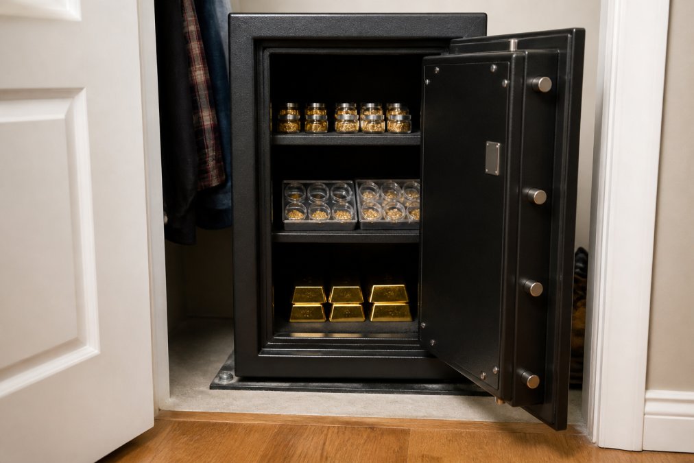 A heavy-duty home safe bolted to a concrete floor inside a residential closet, door open to reveal organized gold nuggets in protective capsules and small bullion bars