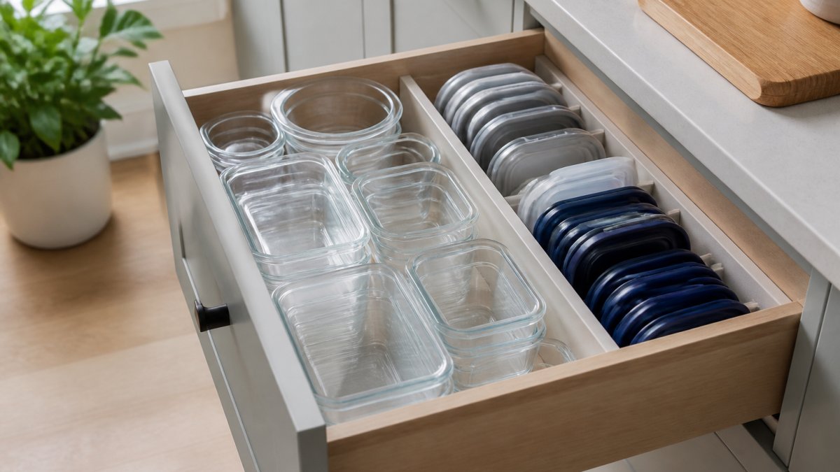 Diagram showing a drawer organization system with stacked containers and vertically divided lids.