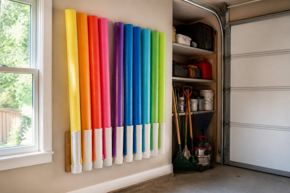 Brightly colored pool noodles organized vertically in a wooden PVC pipe rack to store pool noodles in a garage corner.