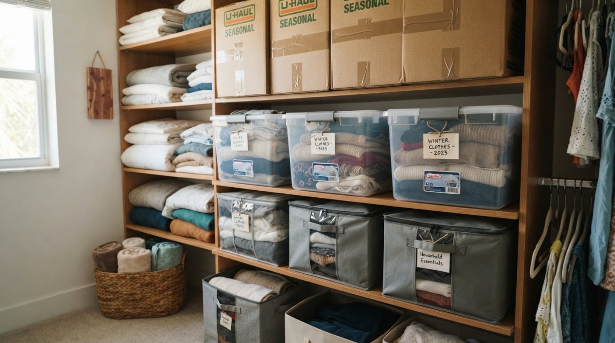 Organized collection of clear plastic storage bins, hanging garment bags, and vacuum-sealed compression bags stacked neatly in a climate-controlled closet with natural lighting