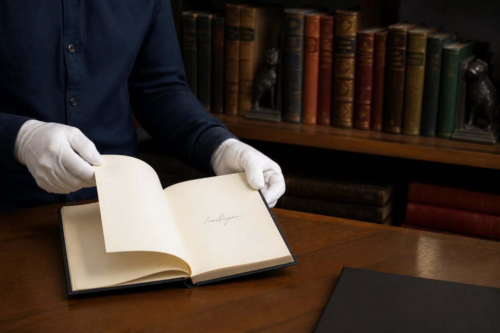 Person wearing white cotton gloves gently opening a signed first edition book, with bookends supporting adjacent volumes on a shelf in the background, demonstrating careful handling technique with natural soft lighting