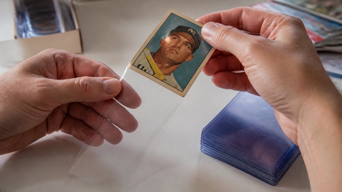 Step-by-step process demonstrating the best ways to store vintage trading cards using penny sleeves and top loaders.