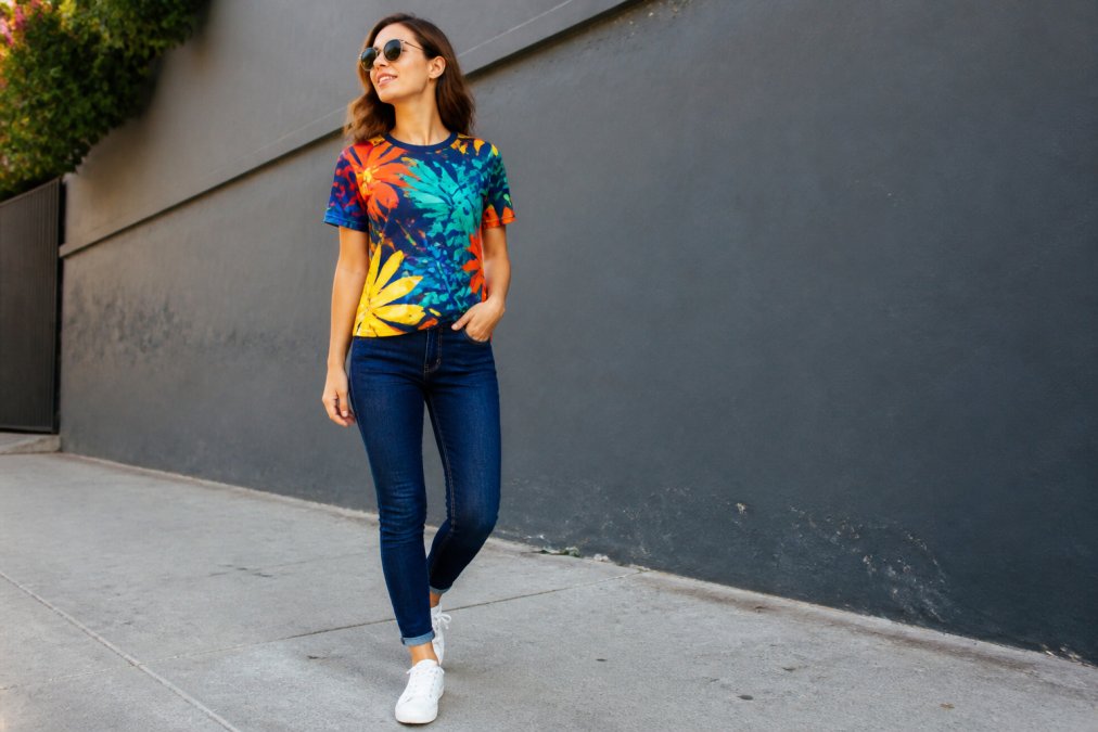 Woman wearing a bold graphic tee in vibrant colors paired with simple navy jeans and white sneakers, standing in natural daylight with minimal accessories