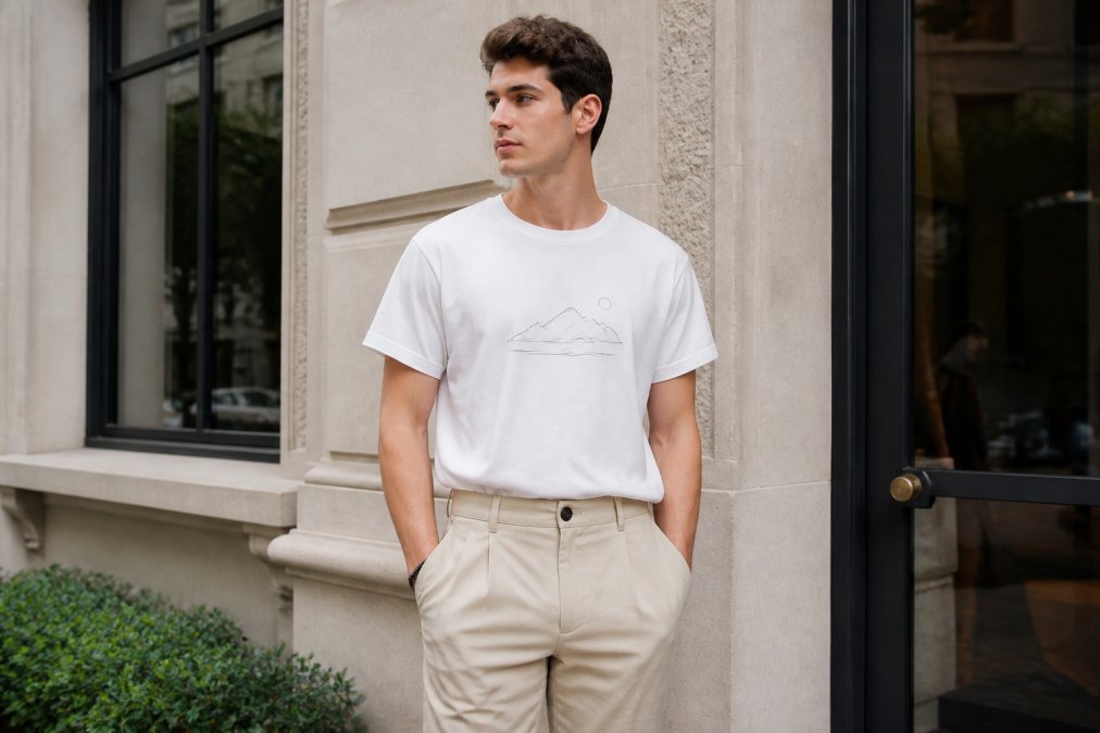 A young adult wearing a subtle minimalist graphic tee tucked into tailored neutral trousers, standing in a clean, bright urban setting with soft natural lighting