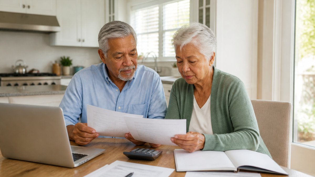 Retired couple reviewing financial documents together at a kitchen table with a laptop and calculator in natural daylight