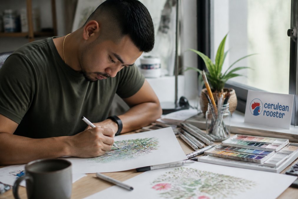 A deaf artisan working intently at a creative studio desk, hand-illustrating a custom design with fine-tipped markers and watercolors, natural studio light casting shadows across detailed artwork