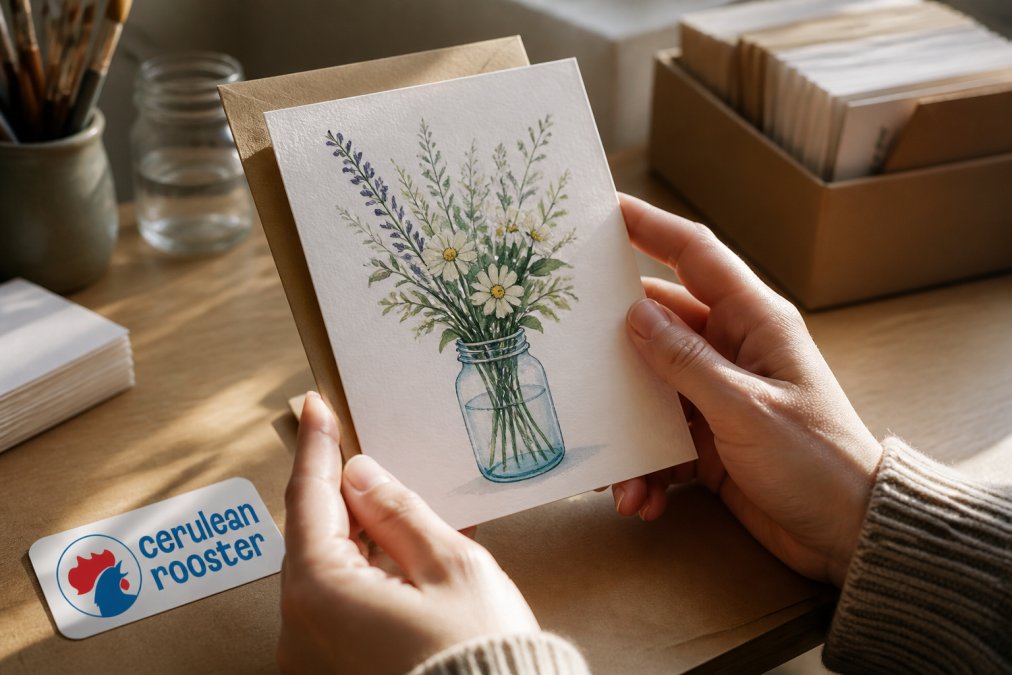 Hands carefully holding a beautifully designed handmade greeting card with intricate watercolor illustrations and hand-lettered text, showing the personal quality and detailed craftsmanship in natural light