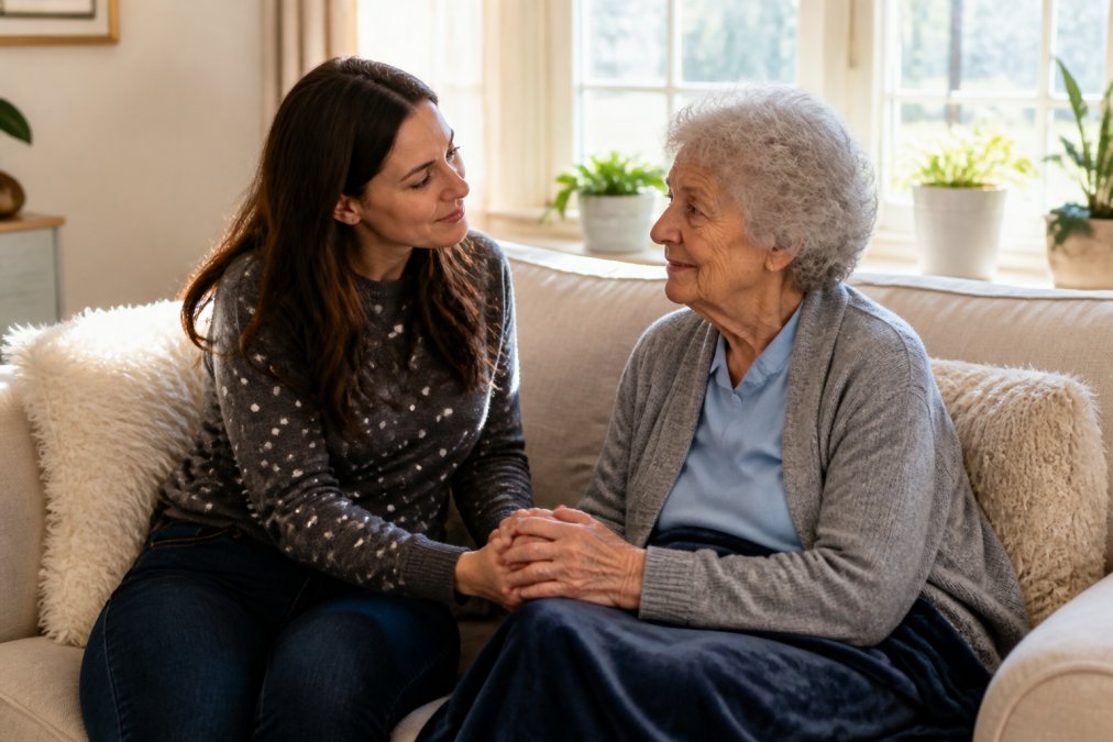 An adult daughter gently holding the hand of her elderly mother who has dementia, sitting together on a sofa in a warm, sunlit living room