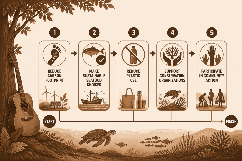 Flowchart showing 5 main action categories for ocean conservation: reduce carbon footprint, make sustainable seafood choices, reduce plastic use, support conservation organizations, participate in community action