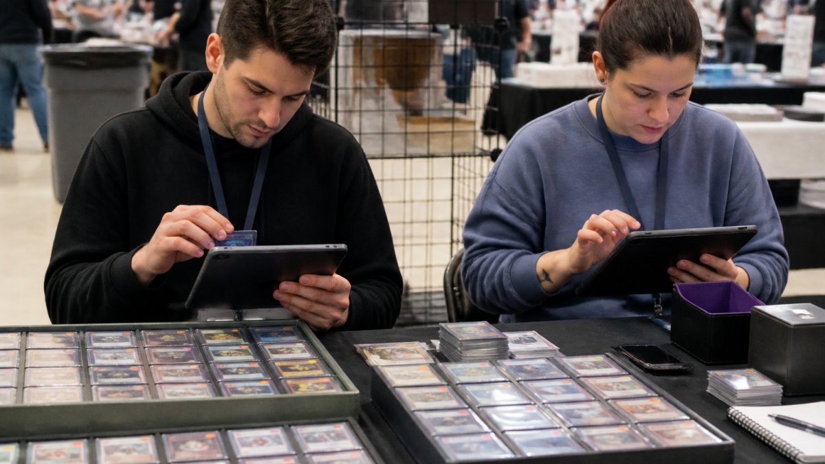 Two card vendors using tablets to sync card inventory at a booth, illustrating a collaborative sales process.