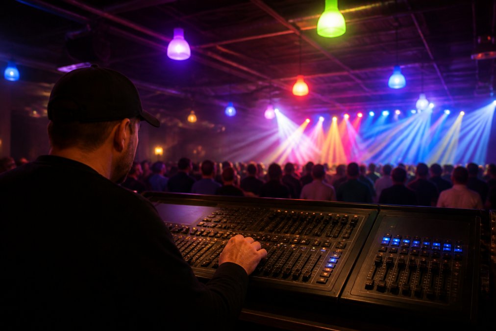 Professional DJ at a lighting console during a live event, with stage lights and Govee smart bulbs illuminated in the background, showing synchronized lighting effects during a performance