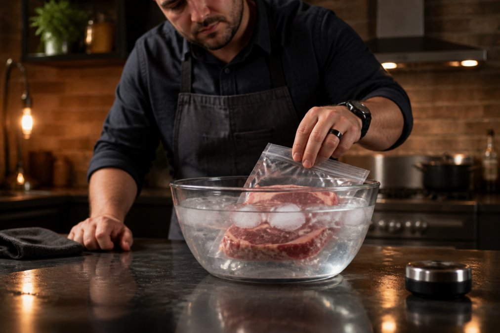 Close-up of a vacuum-sealed steak submerged in a bowl of cold water on a kitchen counter, with fresh ice visible and a timer nearby