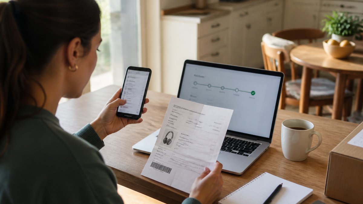 A person sitting at a kitchen table holding a smartphone in one hand and a printed shipping confirmation email in the other, laptop open nearby showing a carrier tracking page, warm morning light