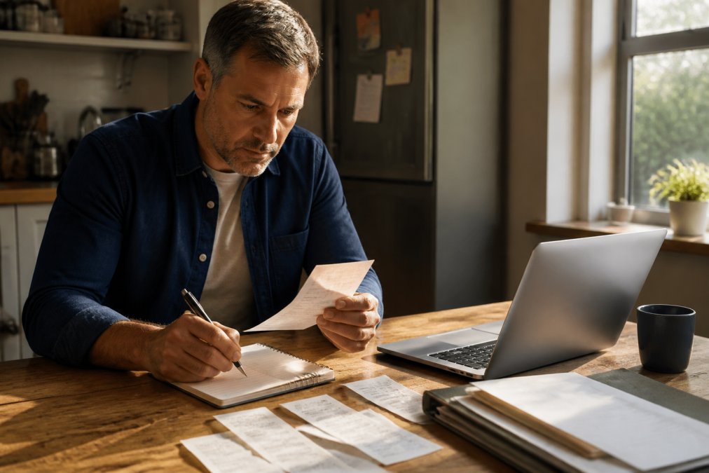 A business owner at a wooden desk reviewing bank statements and paper receipts, laptop open to accounting software, notebook and pen for tracking expenses, warm afternoon light through a window