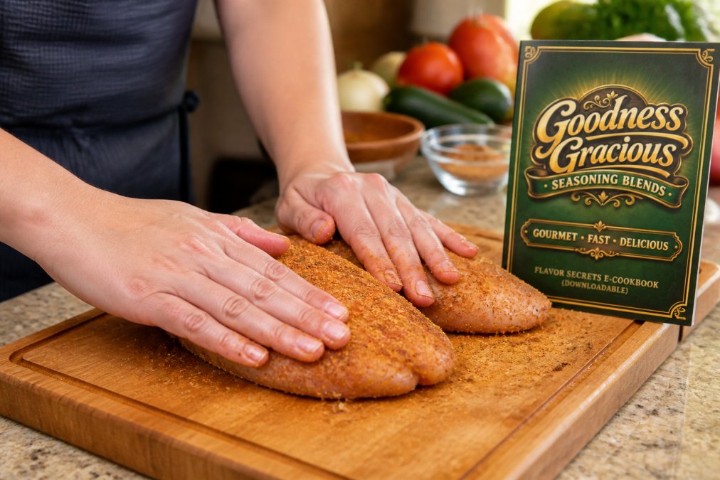 Close-up of hands massaging a dry rub blend into raw chicken breasts on a cutting board, showing deliberate pressure and circular motions across the meat surface, with bright natural kitchen lighting