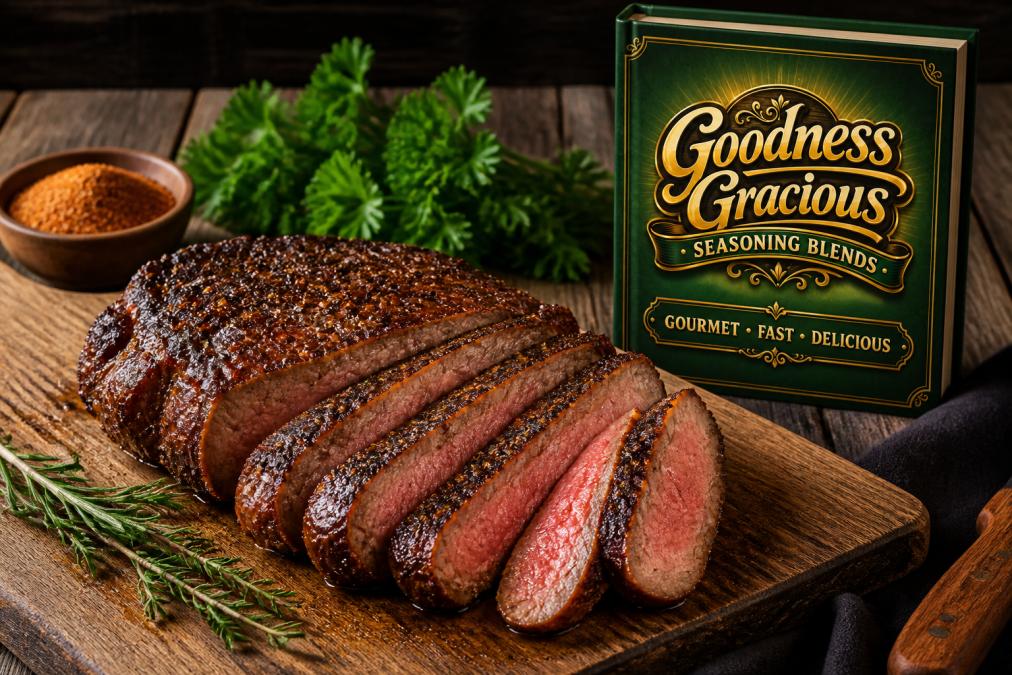 Perfectly crusted grilled steak with visible bark formation and caramelized spice coating, sliced to show the color contrast between the deeply browned crust and the pink interior, resting on a cutting board with fresh herbs