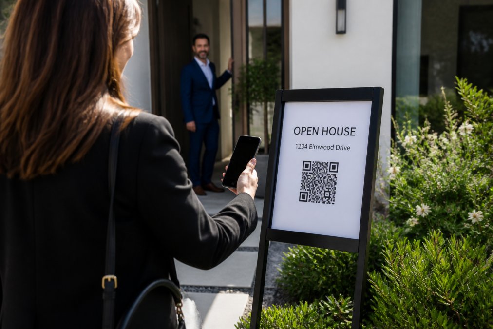 Real estate agent holding smartphone at open house entrance, scanning QR code displayed on professional sign near front door with property address visible