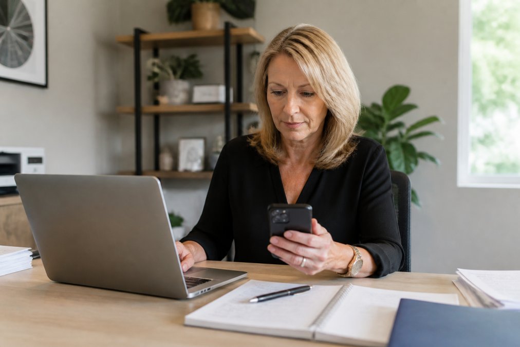 Real estate professional seated at desk with laptop and smartphone, reviewing verified lead contact information and preparing personalized follow-up messages