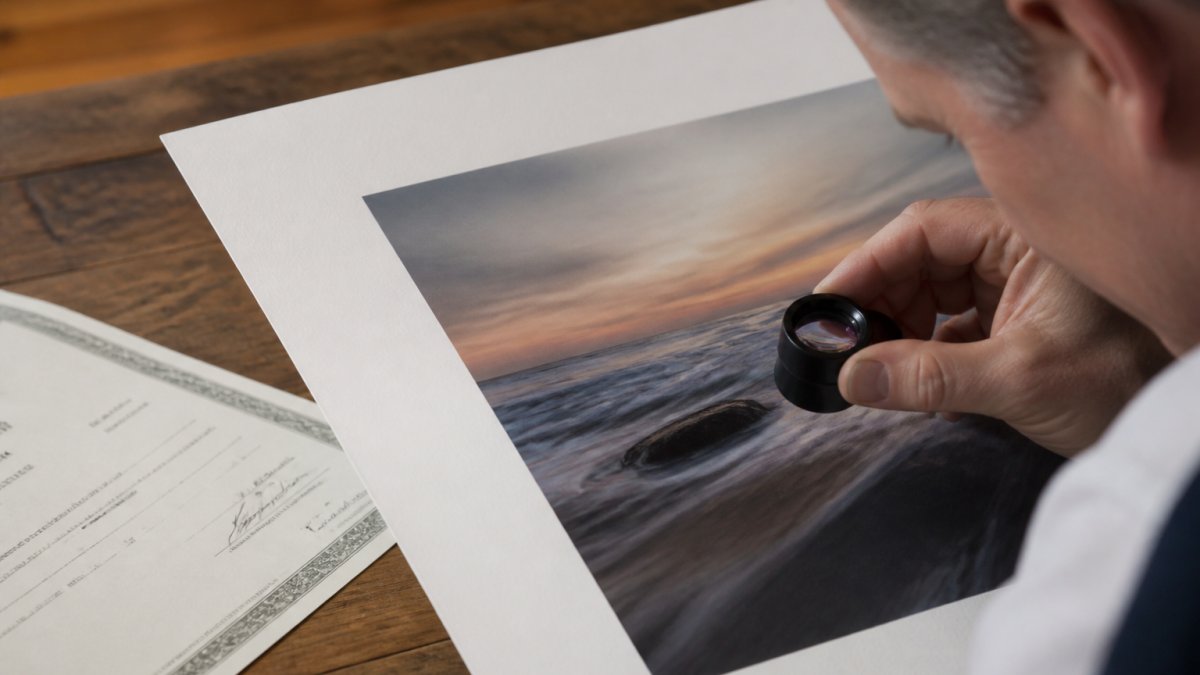 A person holding a magnifying loupe close to a fine art photography print on textured paper, examining surface detail under warm gallery lighting, with a certificate of authenticity document visible on the table beside the print