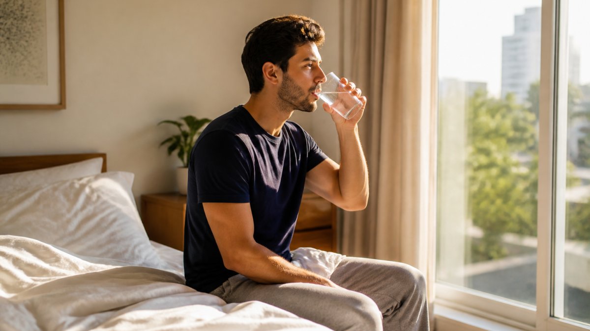 A young professional sitting on the edge of their bed in a sunlit bedroom, drinking from a glass of water with curtains open and morning light streaming in, looking alert and refreshed