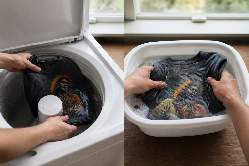 Close-up of hands gently submerging a folded vintage graphic t-shirt into a clean basin of cold, clear water with a small amount of soap suds visible, shot in soft natural window light