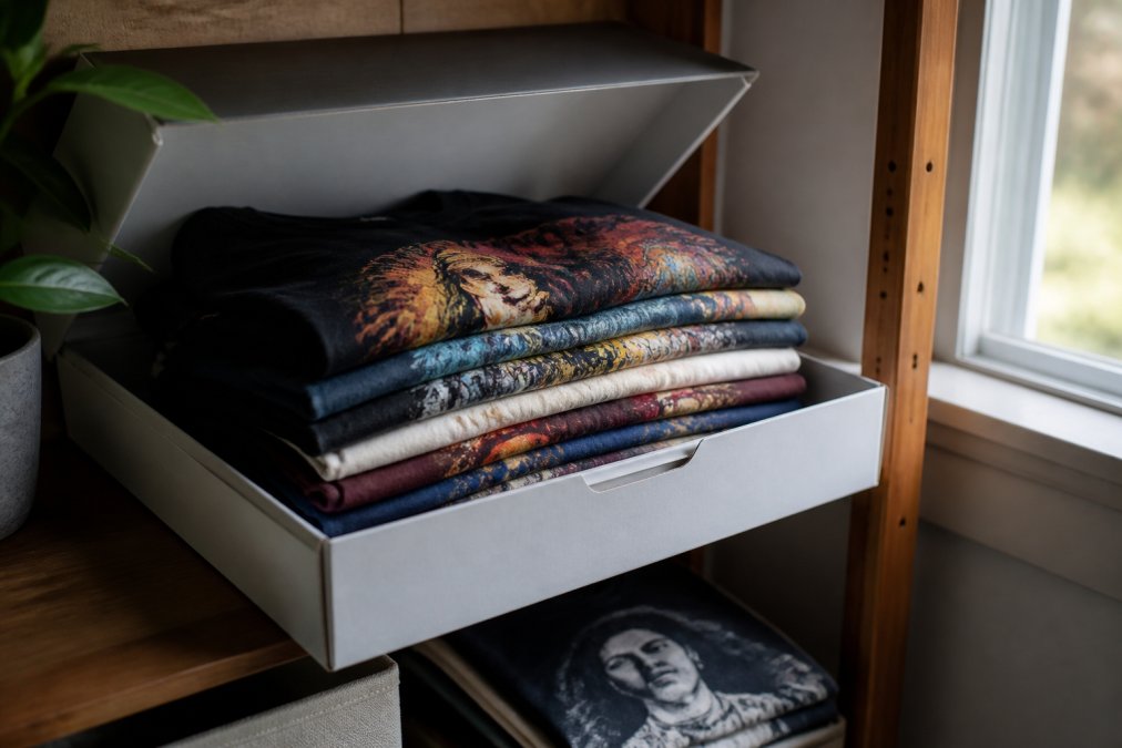 Neatly folded vintage graphic tees stacked inside an open acid-free storage box on a wooden shelf, with soft natural light from a nearby window illuminating the folded garments and a few concert tees visible on top