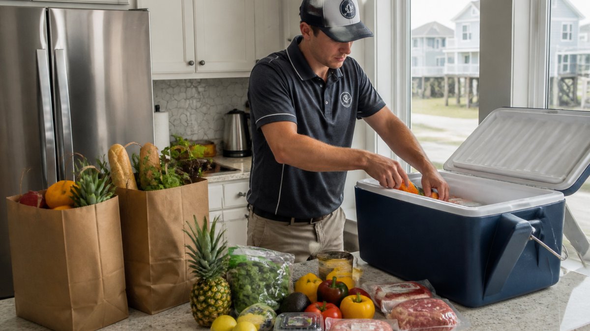 A stocked vacation rental kitchen counter with paper grocery bags, fresh produce, and a cooler being unpacked by a delivery worker in a coastal home