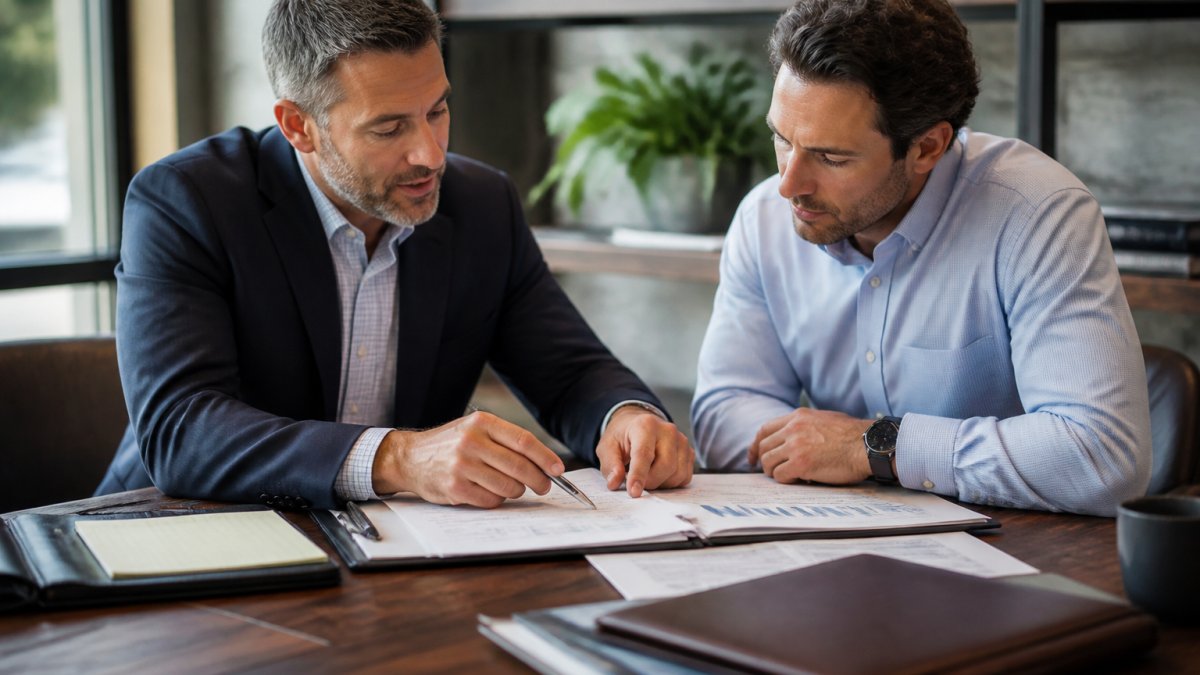 Business owner and financial advisor reviewing documents and discussing investment strategy at a desk in a modern office with natural lighting