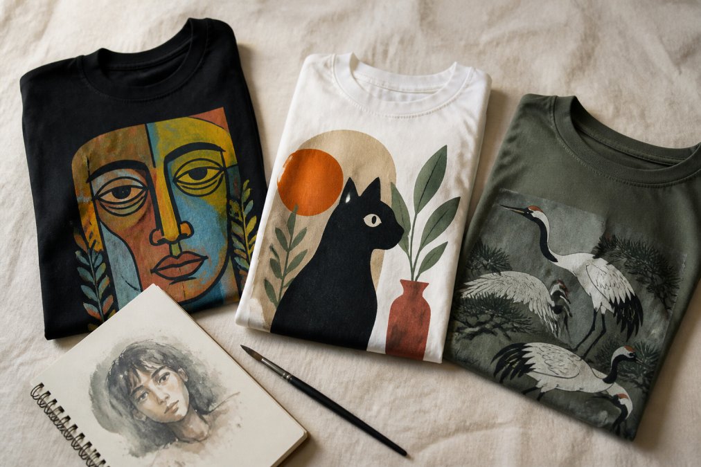 A flat-lay photograph of three folded graphic tees with bold artistic prints arranged on a neutral linen surface, with a small sketchbook and paintbrush nearby, shot in soft natural light