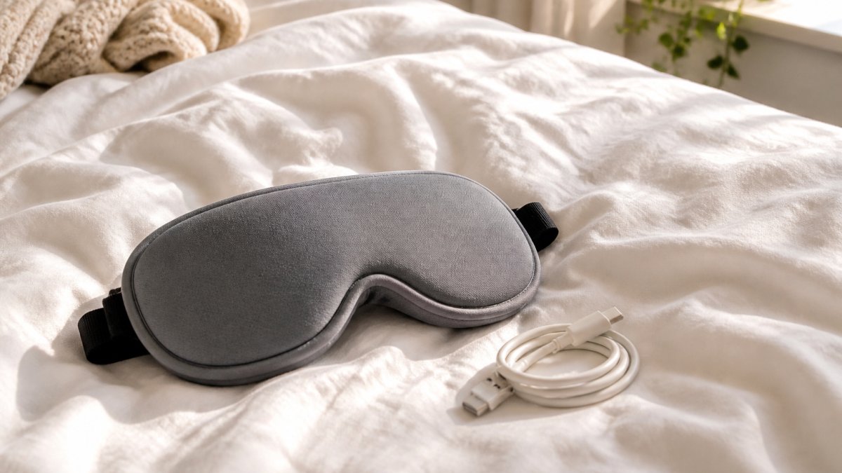 Overhead view of a memory foam sleep mask in soft grey resting on rumpled white linen bedding beside a charging cable, warm morning window light