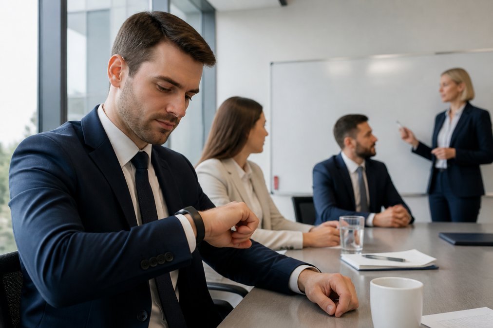 A professional in a navy business suit glancing at a slim fitness band on their wrist during a meeting, with colleagues visible around a conference table and a whiteboard in the background of a bright modern office