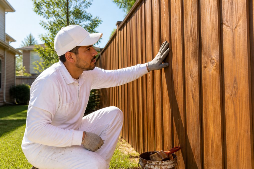 Professional painter checking weather conditions and surface temperature on mobile device before applying stain to wooden fence on a clear, sunny morning