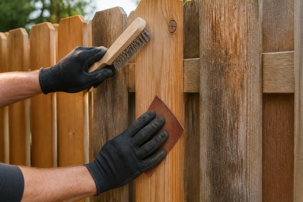 Close-up of hands cleaning and sanding wooden fence surface with proper preparation tools, showing professional technique with natural sunlight