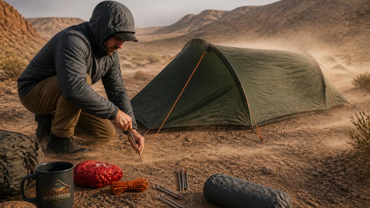 A camper in a windbreaker kneeling to stake down guy lines on a low-profile tent in an open, gusty desert campsite, sand blowing and the tent leaning away from the wind