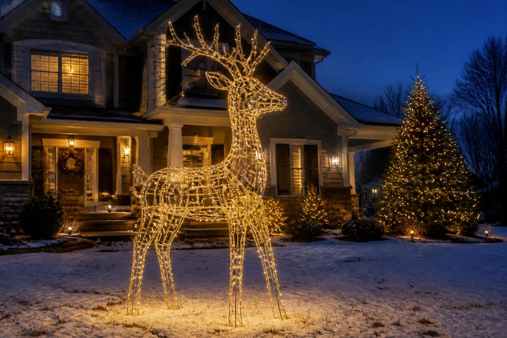 A large illuminated reindeer wireframe light sculpture glowing warm white in a snow-dusted front yard at dusk, with a two-story suburban home and decorated trees in the background