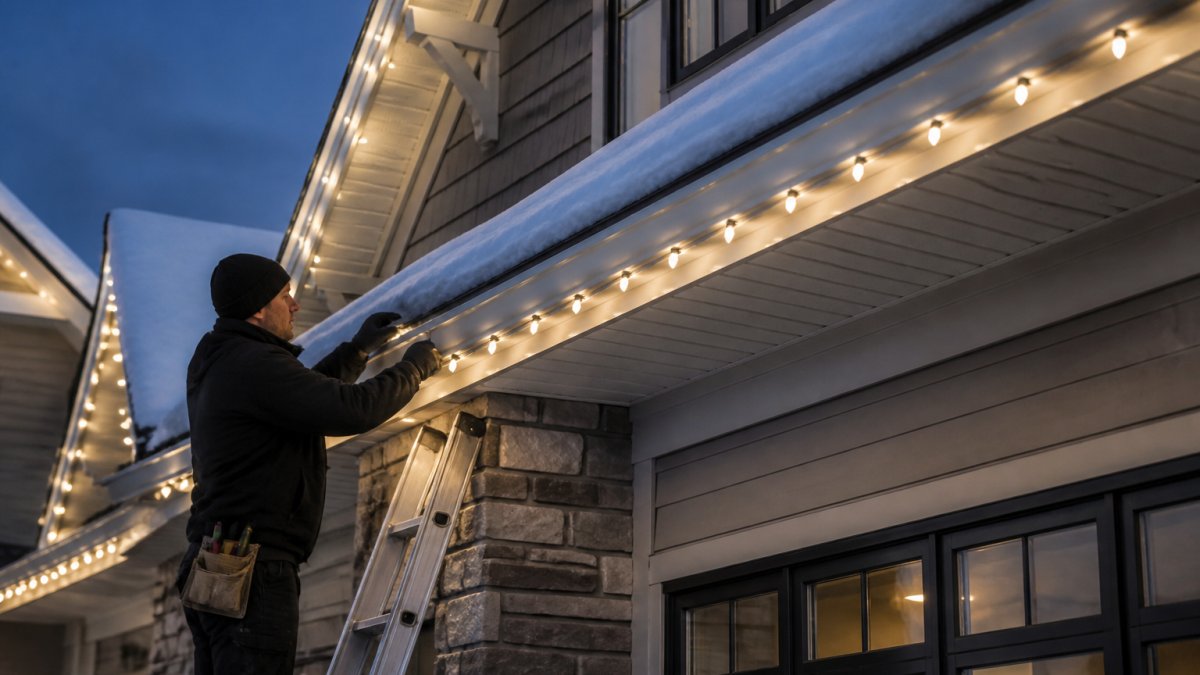 Person on a ladder installing weather resistant christmas lights along snowy eaves at dusk