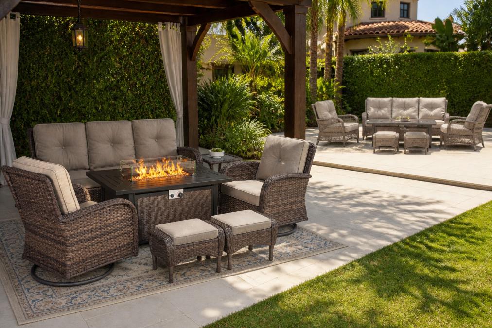 Before-and-after outdoor patio setting with a well-maintained sofa protected under a pergola in the foreground and a faded, sun-damaged sofa in full direct sunlight in the background, showing the stark contrast in color and material condition