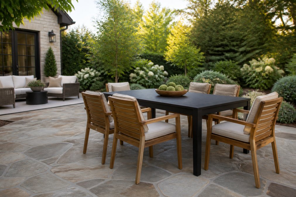 A beautifully arranged luxury outdoor living space featuring teak wood chairs and a powder-coated aluminum dining table on a stone patio, surrounded by lush greenery in warm afternoon light, with soft shadows and a relaxed, inviting atmosphere