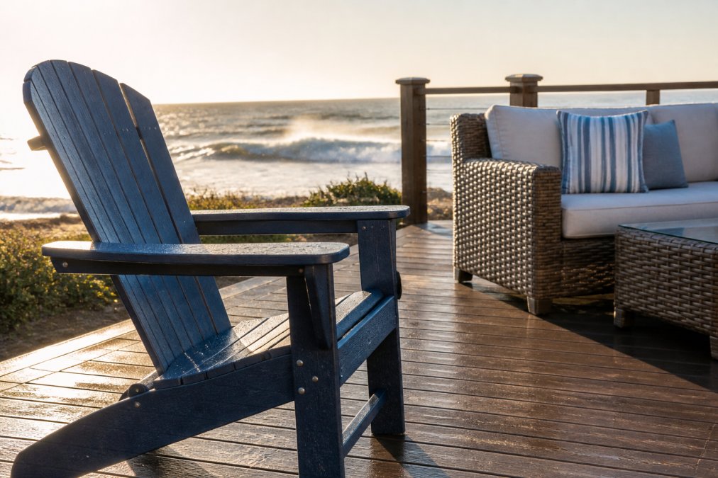 Close-up of a poly lumber Adirondack chair and all-weather wicker seating set on a seaside deck with ocean waves visible in the background, salt spray in the air and warm late-afternoon sunlight on the furniture surfaces