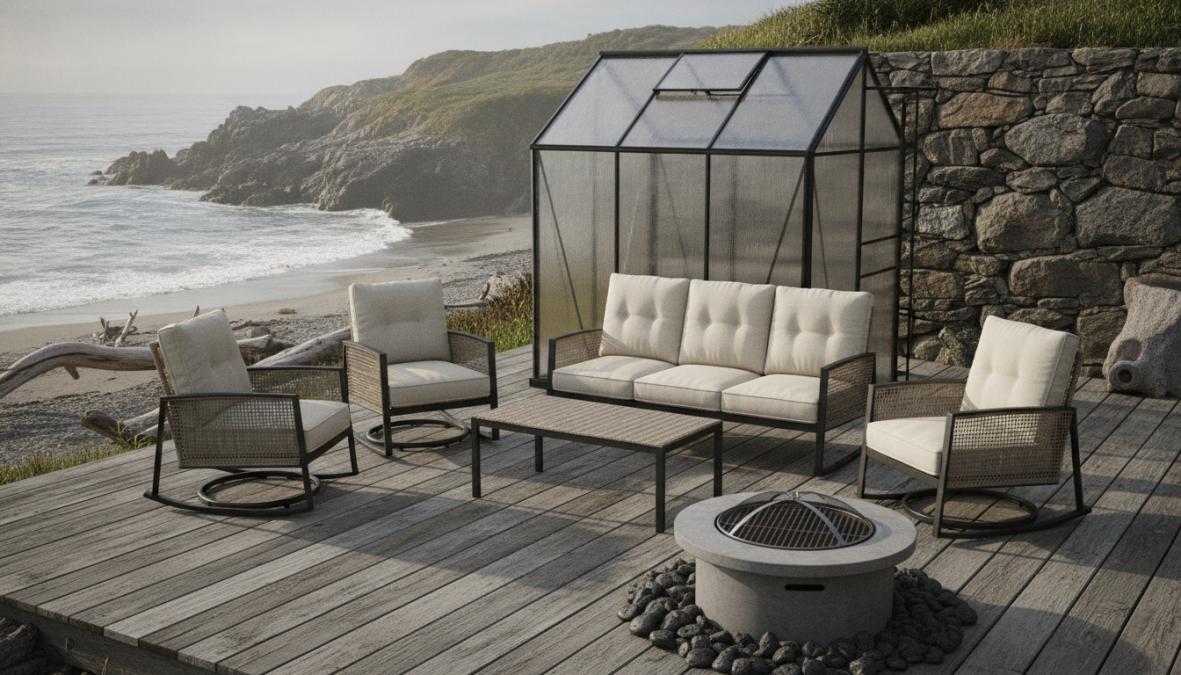 Elegant outdoor patio furniture set positioned on a coastal deck overlooking the ocean, with salt spray visible in the air and coastal landscape in background