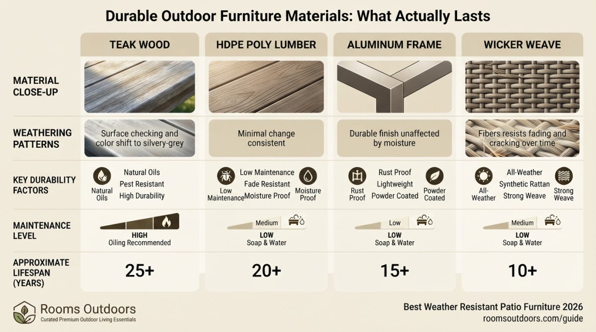 Close-up of different patio furniture materials side by side, teak wood grain, HDPE poly lumber, aluminum frame, and wicker weave, showing texture and weathering patterns in natural outdoor sunlight