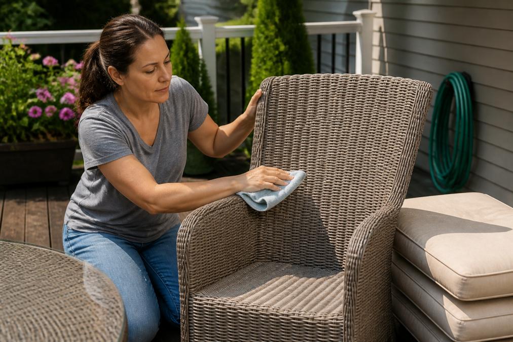 Homeowner wiping down wicker weather resistant patio furniture with a soft cloth on a sunny backyard deck