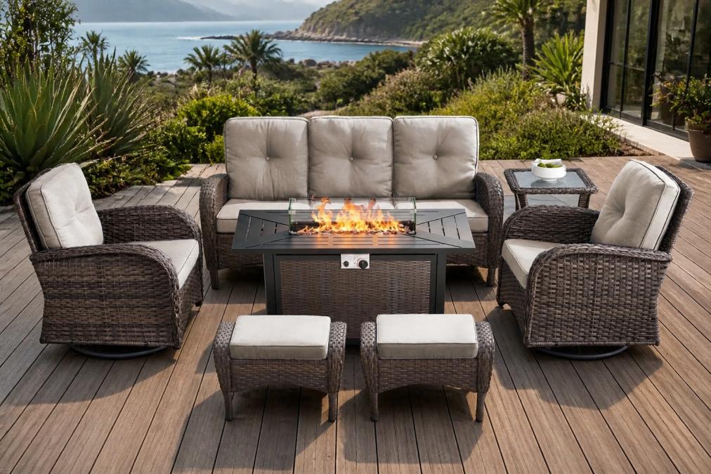A beautifully arranged outdoor patio space featuring a wicker sectional sofa with beige cushions and matching dining furniture on a wooden deck, with soft natural lighting and coastal garden plants visible in the background