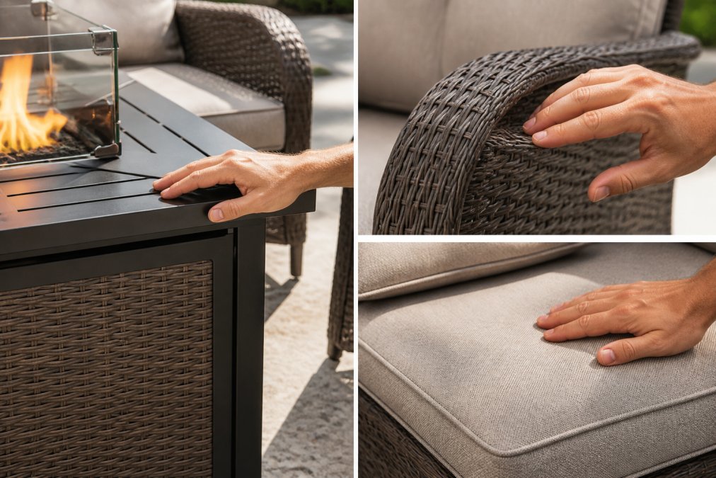 Close-up detail shots showing hands touching powder-coated aluminum frame, synthetic wicker weave texture, and UV-resistant fabric cushion surface in natural daylight, demonstrating material quality and durability