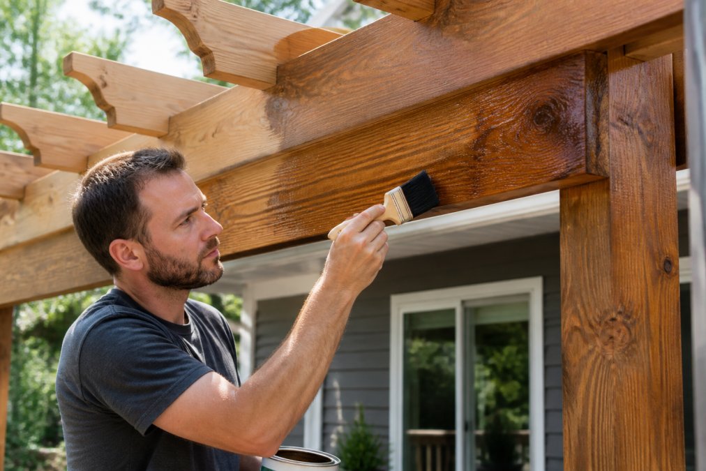 Homeowner applying protective wood stain to pergola beam with brush, showing proper technique with wood grain direction, outdoor backyard setting with natural sunlight, and container of sealant visible nearby