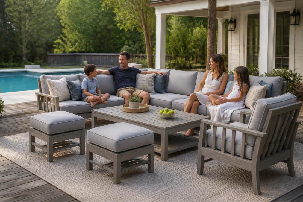 A family relaxing on a natural gray teak patio sectional set on a sunny backyard deck, with all-weather cushions and a pool visible in the background