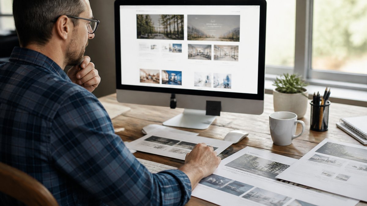 Business owner reviewing website mockups on a desktop monitor in a modern office, with printed design samples and notes on the desk