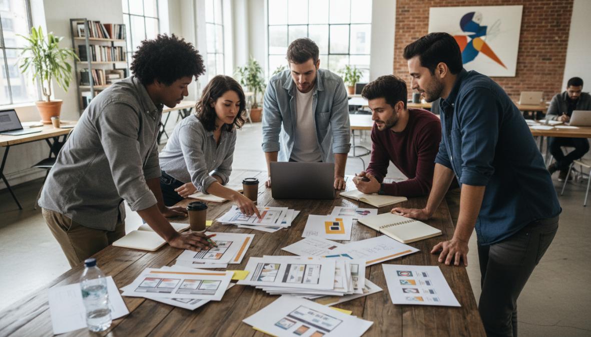 A diverse startup team of four people gathered around a laptop reviewing website mockups and printed design wireframes on a large wooden table in a bright, modern co-working space with floor-to-ceiling windows and afternoon light