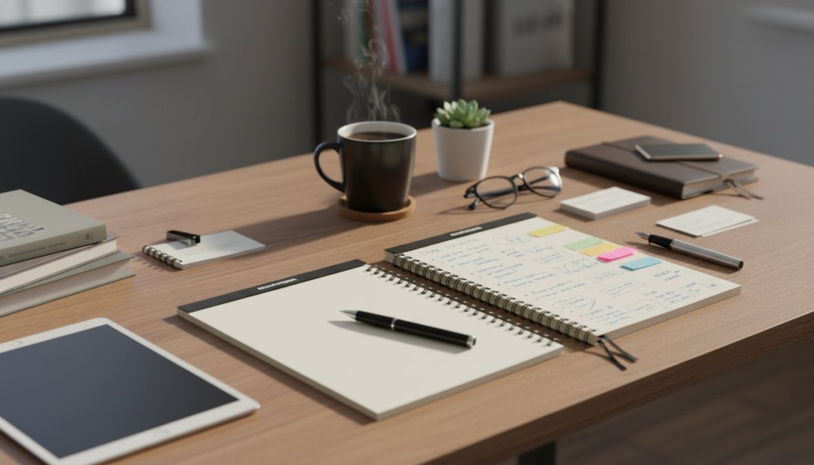 A startup founder and a web designer sitting across from each other at a clean wooden desk, reviewing a design portfolio on a laptop screen with open notebooks, a coffee cup, and printed wireframes nearby in a well-lit modern office