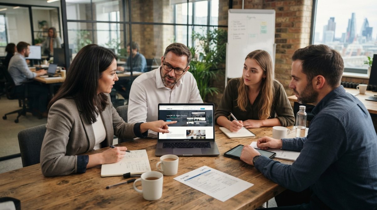 Business team reviewing website design on a laptop screen during collaborative meeting in modern office environment
